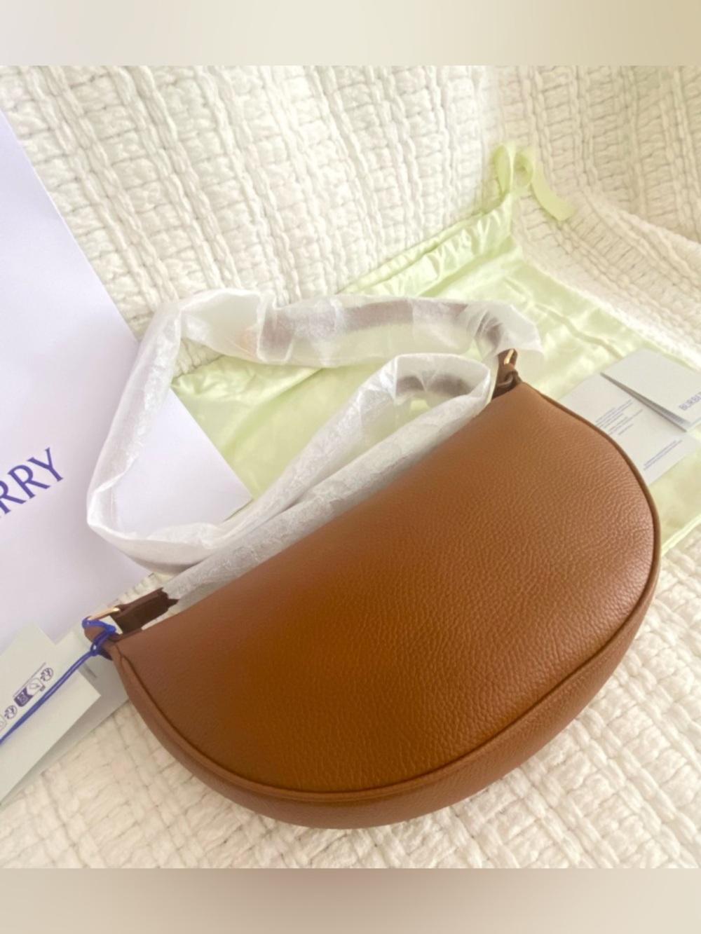 Burberry All Soft Large Tan Leather Half Moon Crossbody Sling Bag NWT - Picture 10 of 13